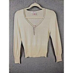 Nine & Co Sweater Top Womens M Cream Silk Blend Rhinestone V Neck Tapered Waist